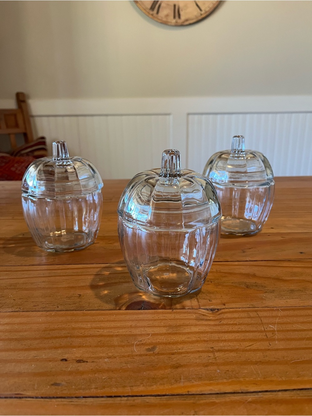 Vintage Anchor Hocking Clear Glass Mini Pumpkin Candy Jar w/Lid Set of 3